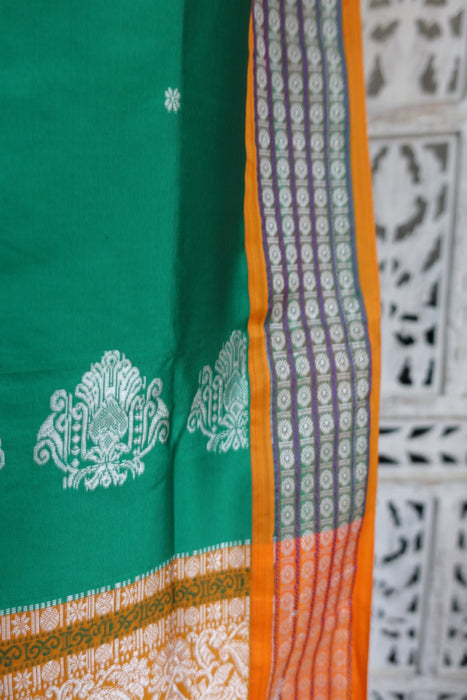 Green & Ochre Pure Silk Vintage Sari - New
