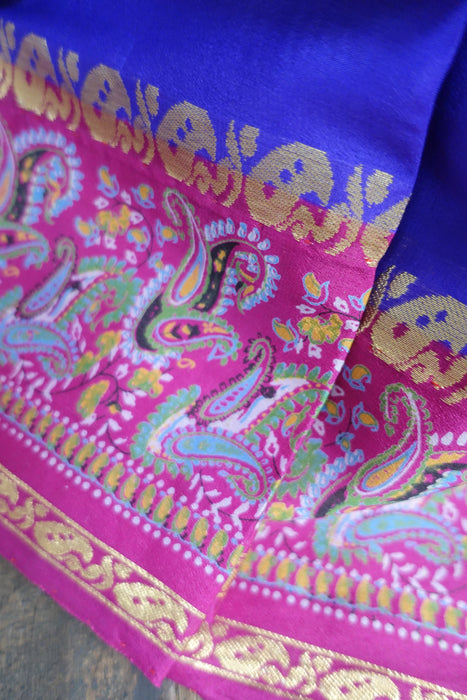 Purple And Pink Printed Vintage Silk Sari - New