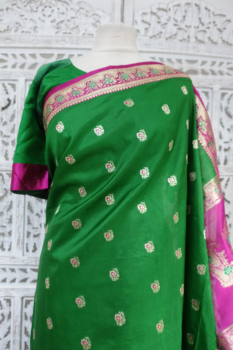 Green And Pink Silk Sari - Preloved