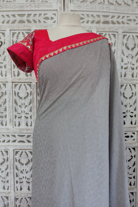 Grey Chiffon With Red Raw Silk Blouse Bust 40" - Preloved