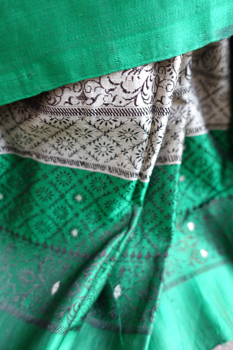 Silver Grey & Green Sateen Silk Vintage Sari - New