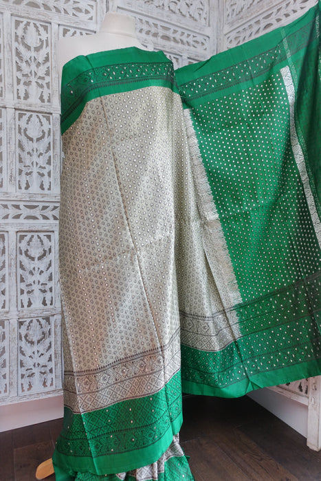Silver Grey & Green Sateen Silk Vintage Sari - New