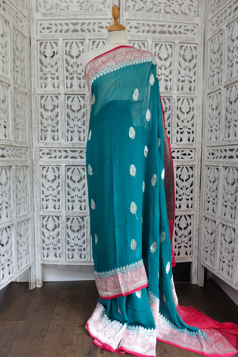 Jade Green And Red Silk Chiffon Sari - Preloved