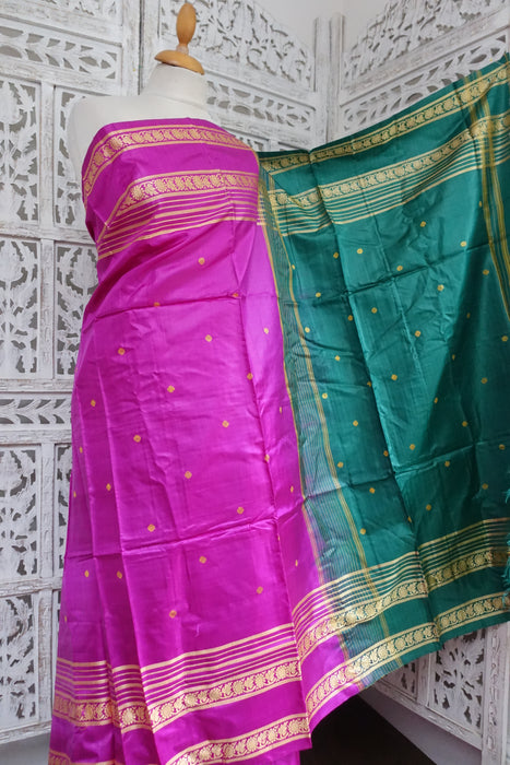 Pink And Green Silk Blend Sari - New