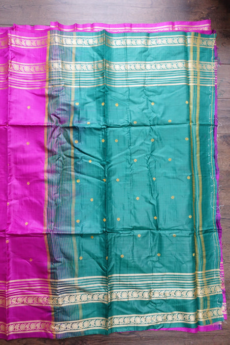 Pink And Green Silk Blend Sari - New