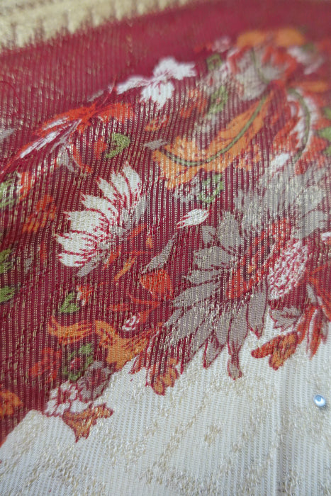 Cream & Red Floral Crepe Sari - New