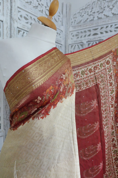 Cream & Red Floral Crepe Sari - New