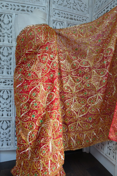 Red Vintage American Georgette Wedding Sari - New