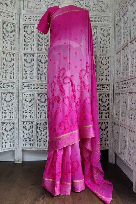 Pink Silk Chiffon Paisley Embroidered Sari And Blouse Fit 36" - Preloved