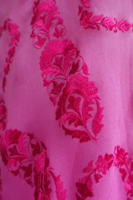 Pink Silk Chiffon Paisley Embroidered Sari And Blouse Fit 36" - Preloved