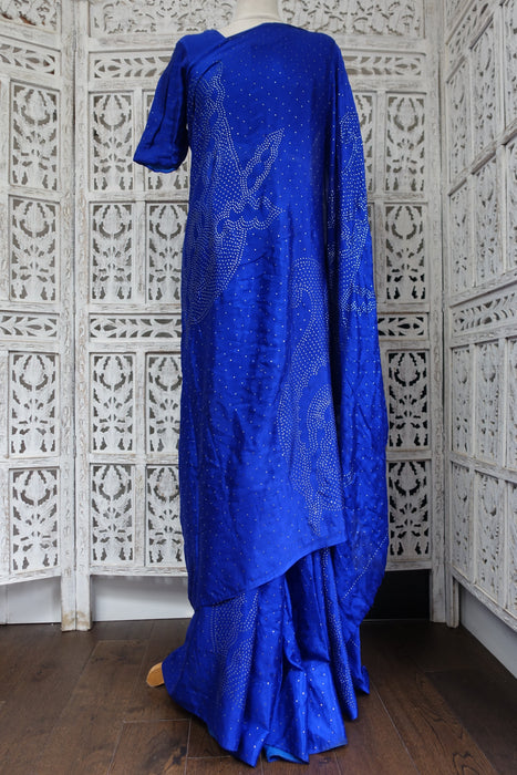 Royal Blue Silk Mukesh Sari And Blouse To Fit 32 Bust - Preloved