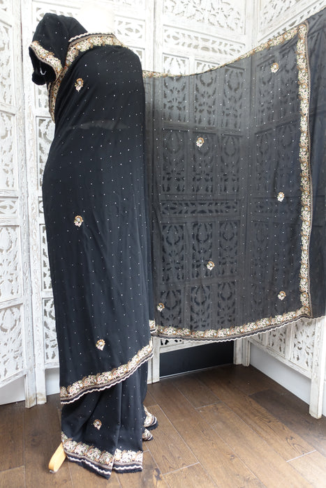 Black Vintage Parsi Gara Chiffon Sari With Blouse Fit 34 Bust - Preloved