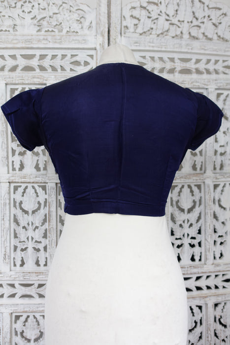 Dark Blue Vintage Sateen Silk Sari And Blouse Fit 32 Bust - Preloved