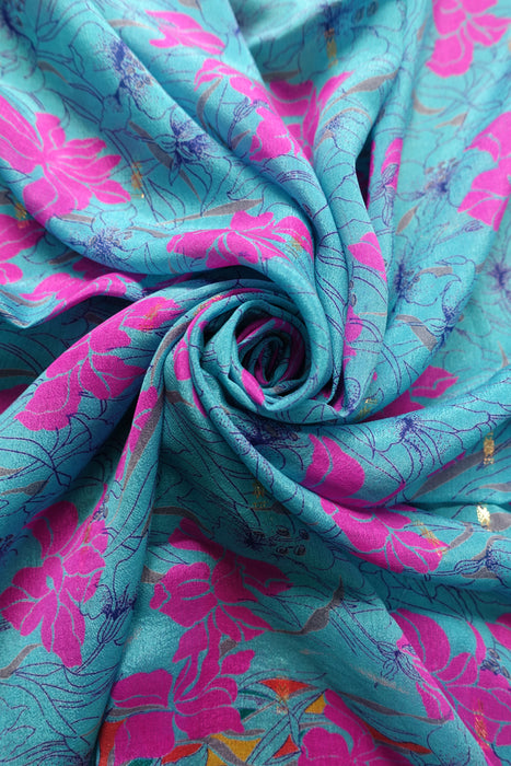 Blue Vintage Floral Lightweight Silk Sari - Preloved