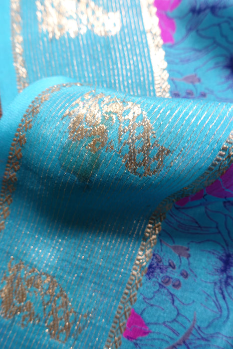 Blue Vintage Floral Lightweight Silk Sari - Preloved