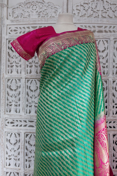 Green And Pink Heavy Banarsi Brocade Silk Blouse To Fit 34 Bust - Preloved