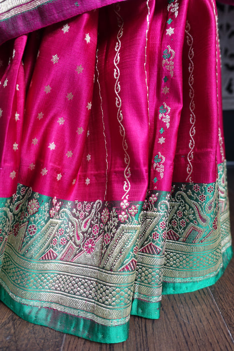Green And Pink Heavy Banarsi Brocade Silk Blouse To Fit 34 Bust - Preloved