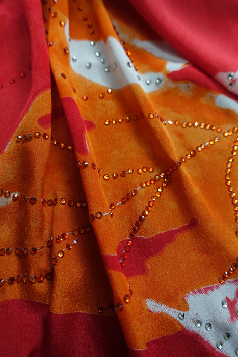 Ochre And Red Silk Sari With Stonework - New