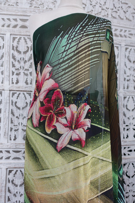Bold Floral Printed Chiffon Sari With Diamante Stones - New