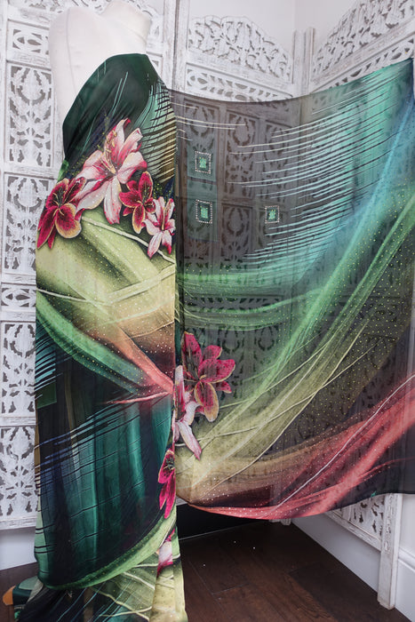Bold Floral Printed Chiffon Sari With Diamante Stones - New
