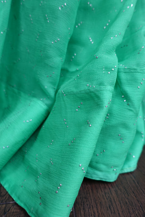Bright Green Pure Silk Chiffon With MUKesh Sari - Preloved