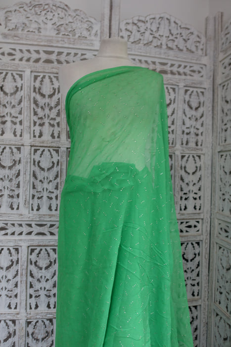 Bright Green Pure Silk Chiffon With MUKesh Sari - Preloved
