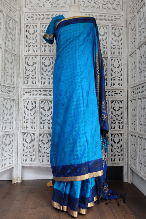 Blue Silk Sari And Blouse To Fit 36 Bust - Preloved