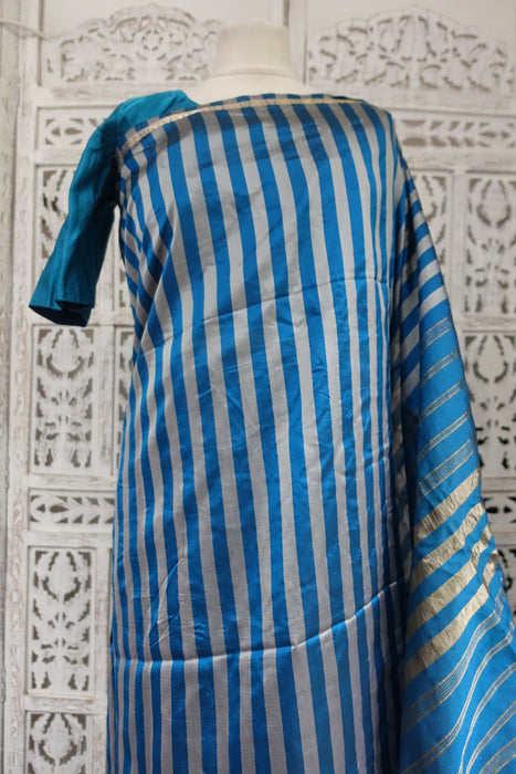 Blue And Grey Stripe Sari With 37 Bust Blouse - Preloved