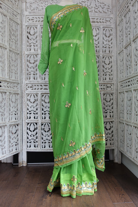 Parrot Green Vintage Sequinned Sari - New