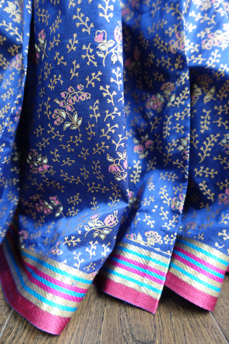 Blue Floral Painted Silk Blend Vintage Sari - New
