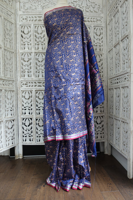 Blue Floral Painted Silk Blend Vintage Sari - New