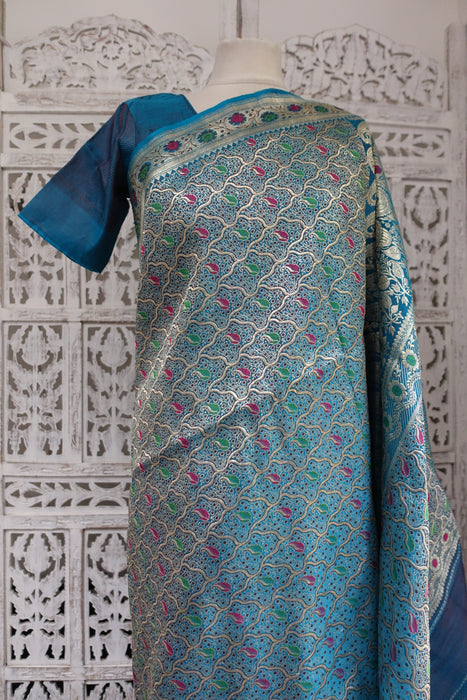 Peacock Blue Vintage Banarsi Brocade Sari With Blouse To Fit 34 Bust - New