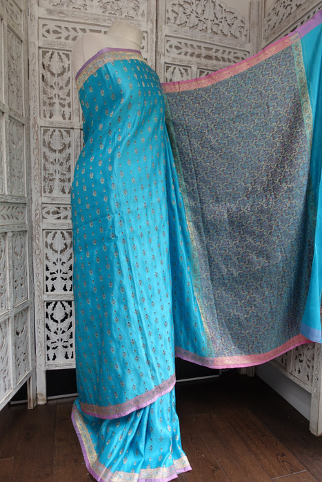 Sky Blue And Baby Pink Banarsi Brocade Vintage Sari - Preloved