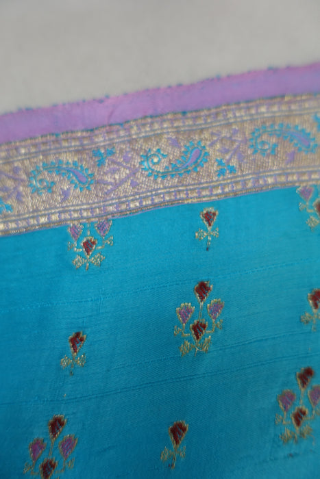 Sky Blue And Baby Pink Banarsi Brocade Vintage Sari - Preloved