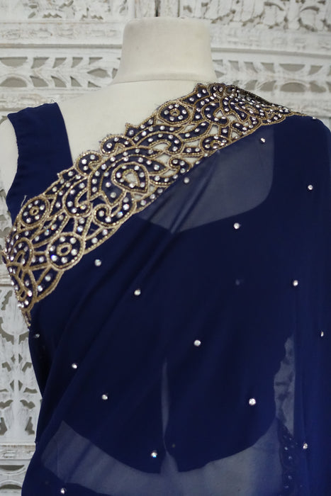 Navy Diamante Chiffon Sari Incl Blouse To Fit 32 Bust - New