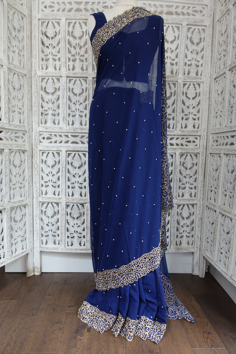 Navy Diamante Chiffon Sari Incl Blouse To Fit 32 Bust - New