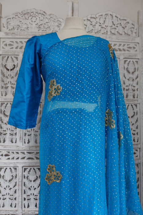 Peacock Blue Silk Chiffon Sari - New