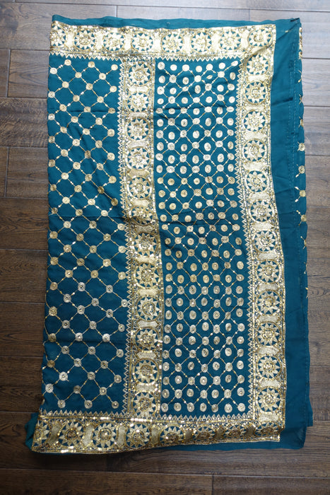 Teal Vintage Gold Sequinned Sari - New