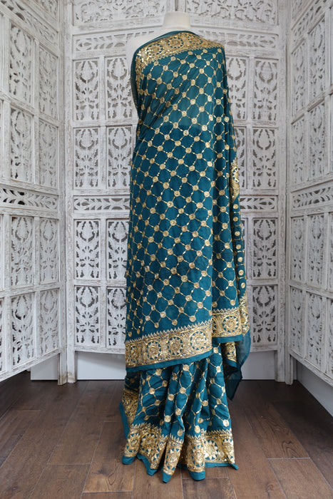 Teal Vintage Gold Sequinned Sari - New