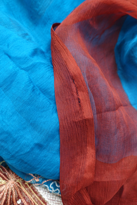 Blue Silk Chiffon Vintage Sari - New