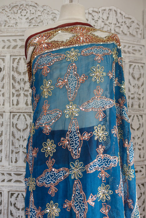 Blue Silk Chiffon Vintage Sari - New
