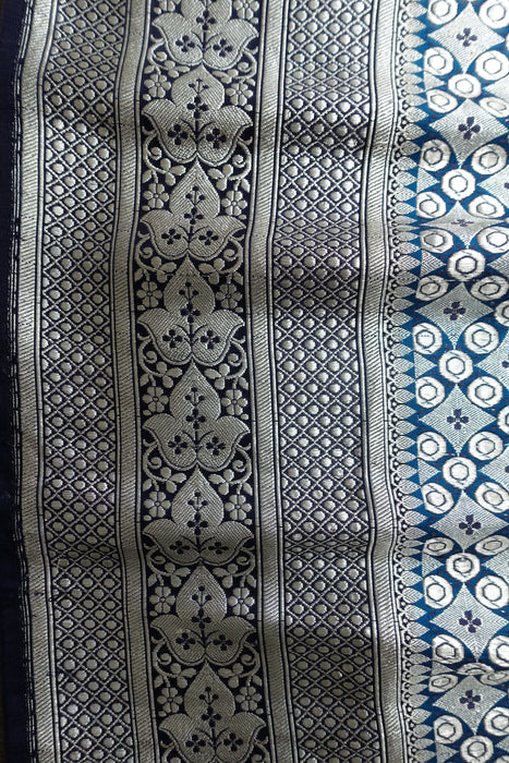 Navy And Bright Blue Vintage Banarsi Brocade Sari - New