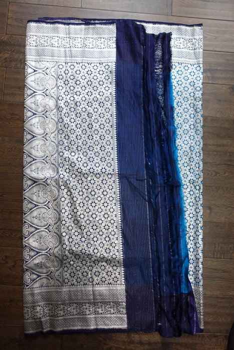 Navy And Bright Blue Vintage Banarsi Brocade Sari - New