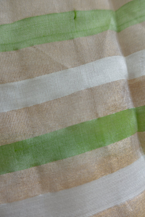 Green, White Gold Linen Blend Sari - New