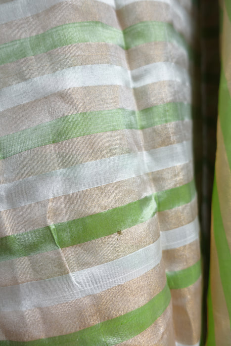 Green, White Gold Linen Blend Sari - New
