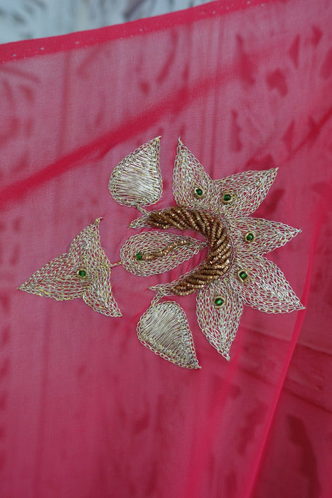 Pink Crepe Cutwork Vintage Sari - New