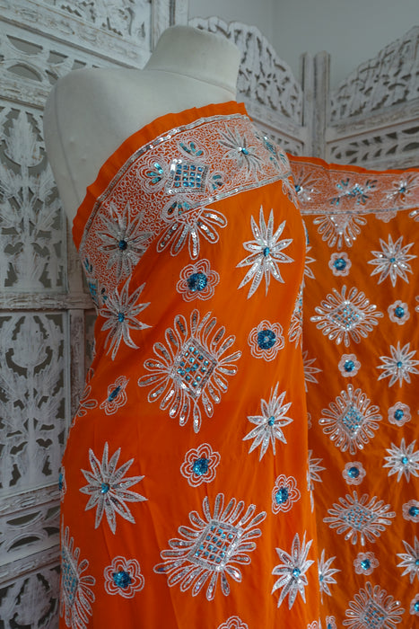 Bright Orange Vintage Sequinned Sari - New