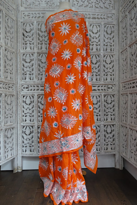 Bright Orange Vintage Sequinned Sari - New