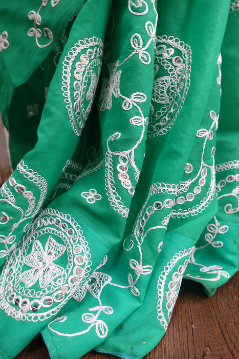 Green And White Vintage White Sequinned Sari - Preloved