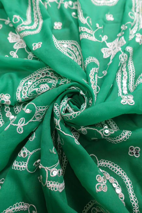 Green And White Vintage White Sequinned Sari - Preloved